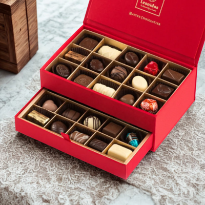 Leonidas Kensington double layer Red Silk Jewellery Box with Assorted Pralines and truffles.