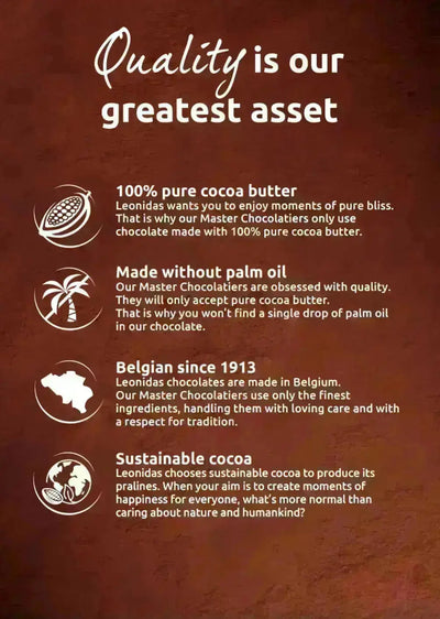 A graphic titled "Quality is our greatest asset" outlining Leonidas chocolate's four key quality points: 100% pure cocoa butter, made without palm oil, Belgian since 1913, and sustainable cocoa.