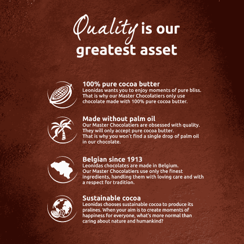Leonidas chocolate brand advertisement with text about quality and ingredients on a brown background.