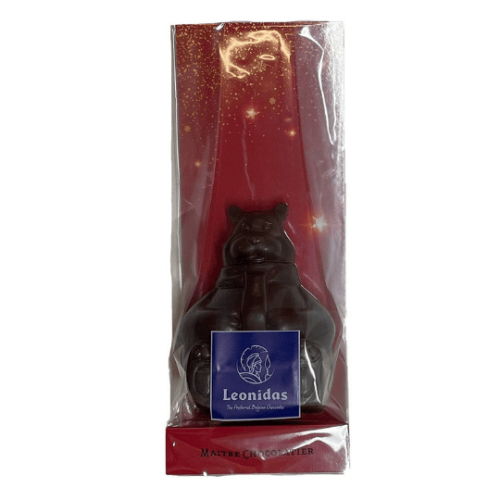 Dark Chocolate bear with Leonidas label on a red background