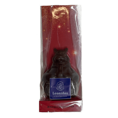 Dark Chocolate bear with Leonidas label on a red background
