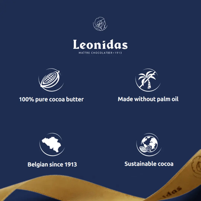 Leonidas chocolate brand information on a blue background with icons and text.
