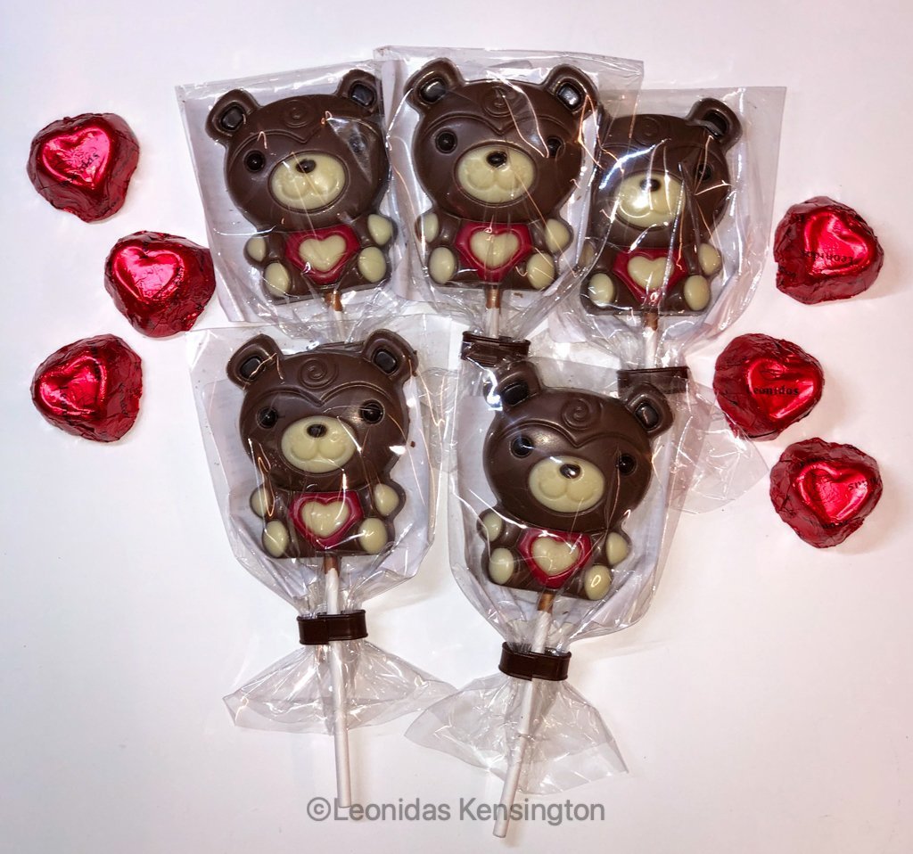 Leonidas Belgian Chocolate Bear Lolly, 30g, Set of 5 with 6 Red Milk Praline Hearts freeshipping - Leonidas Kensington