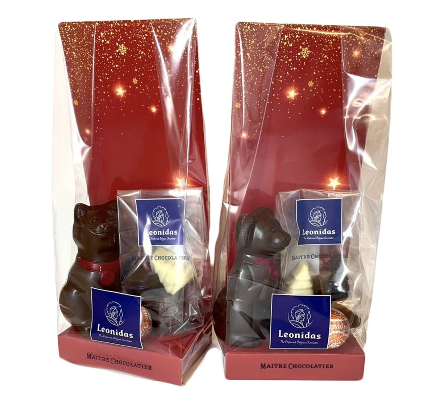 Leonidas Christmas Cat or Dog Dark Chocolate Hollow Figure with Novelty, 100g Approx Leonidas Kensington